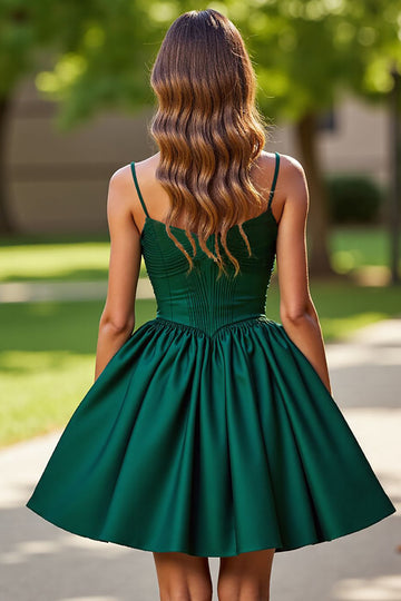 Dark Green Satin A Line Corset Homecoming Dress with Beading